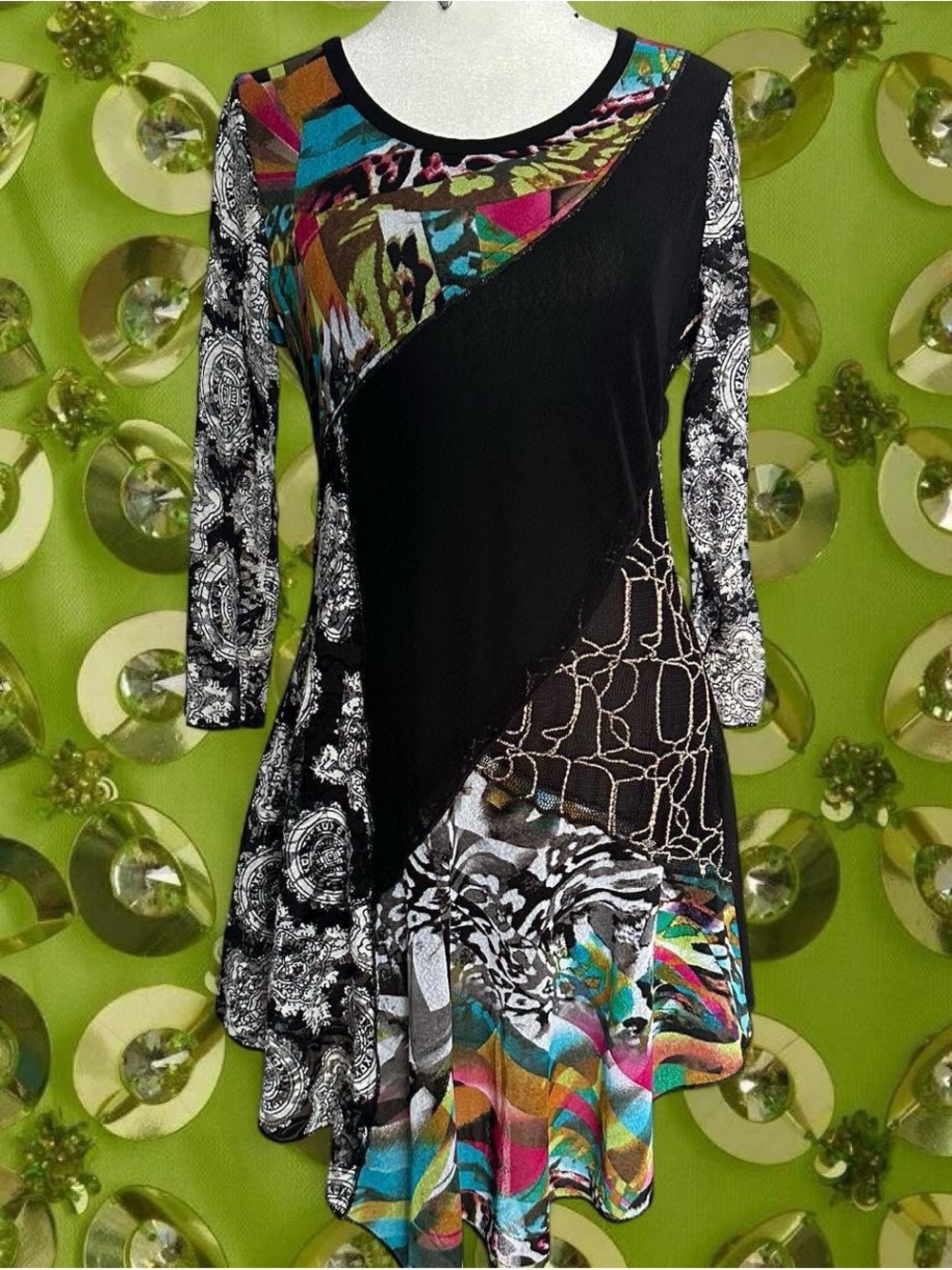 Paris Black Asymmetrical Patchwork Dress with Multicolor Accents